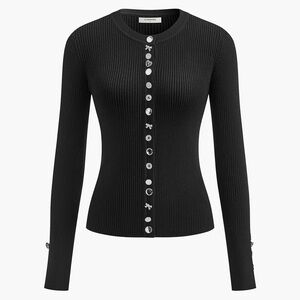 Commense Black Ribbed Cardigan with Silver Decorative Buttons